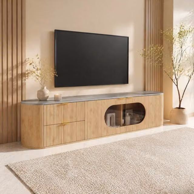 Mobile TV moderno 172x38x45;5 cm in MDF effetto naturale con vetrina in vetro grigio