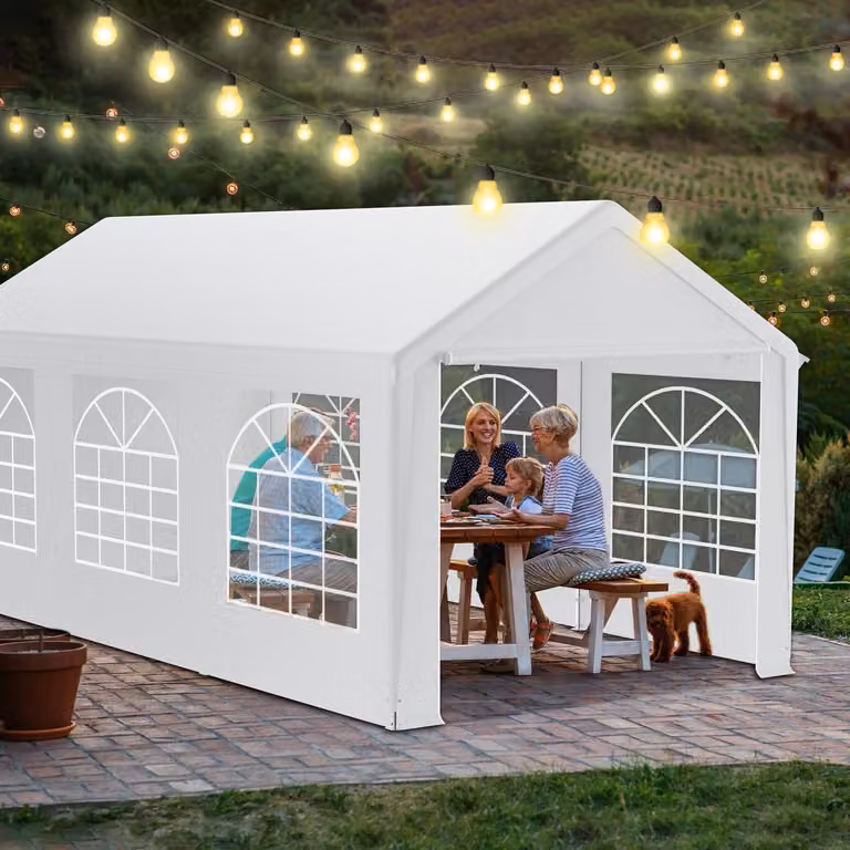 Tenda da festa 3x6 metri, bianca, impermeabile, resistente ai raggi UV, struttura in acciaio, 6 pareti laterali con finestre