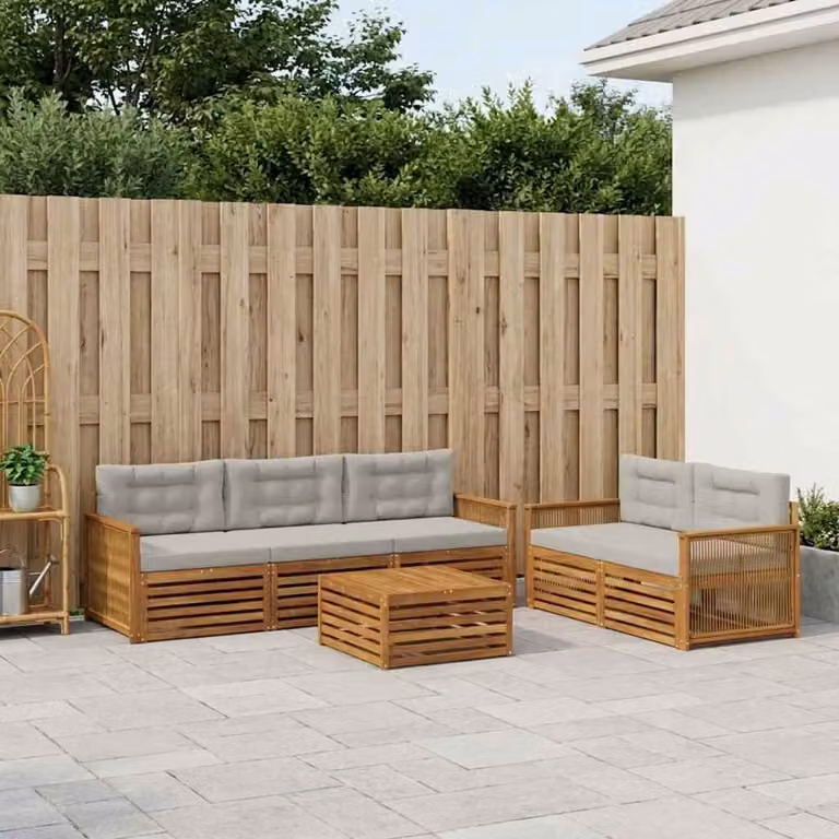 Set di divani da esterno vidaXL 6 pz in legno di acacia con cuscini grigi e marroni