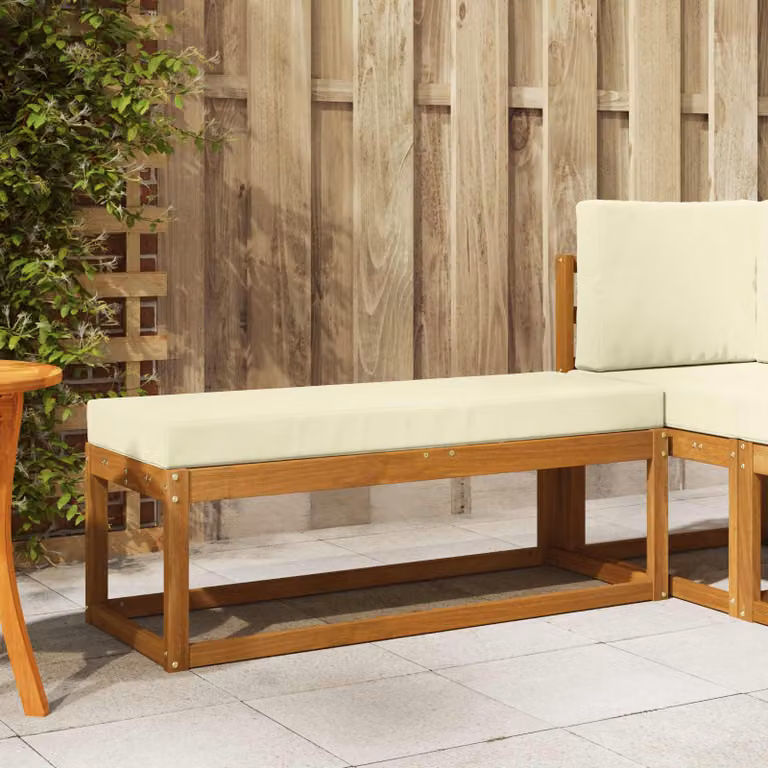 Panca da giardino moderna vidaXL in legno di acacia con cuscini in tessuto beige e marrone L: 115 cm, P: 43 cm, H: 37 cm