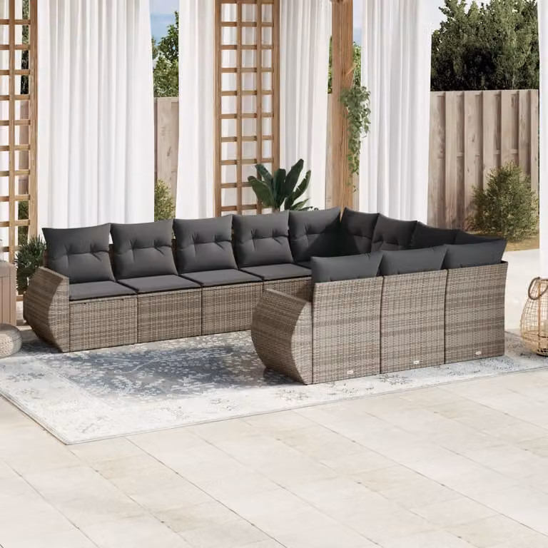 vidaXL Set Divano da Giardino a L 10 pz in Polyrattan Grigio con Cuscini e Struttura in Acciaio Verniciato a Polvere