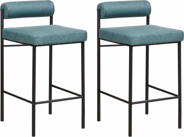 Set di 2 sedie da bar BELIANI con rivestimento in poliestere verde acqua e gambe in metallo nero, sgabelli moderni con schienale arrotolato per cucina e sala da pranzo