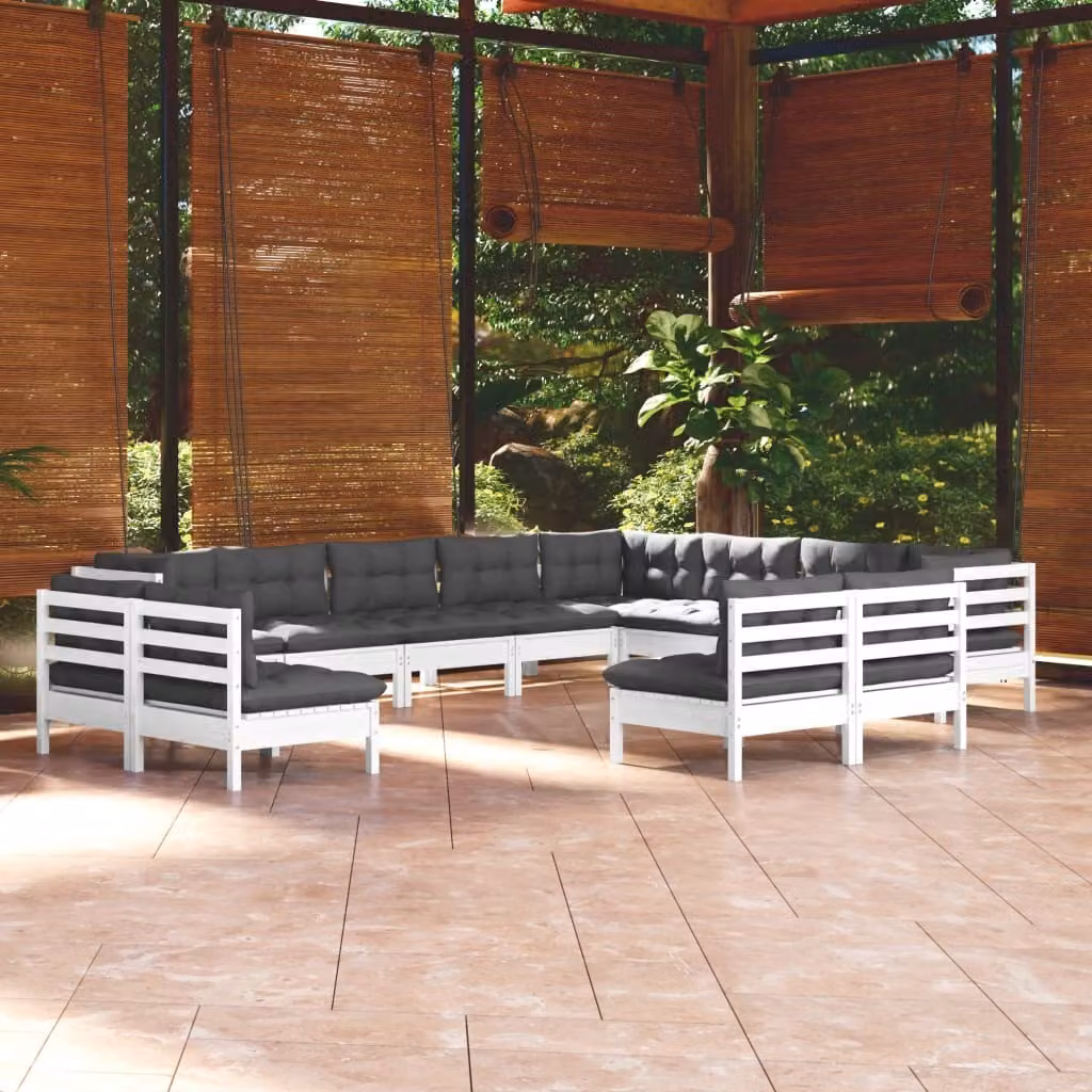 The Living Store Set salotto da giardino 12 pezzi con cuscini in legno di pino massiccio bianco