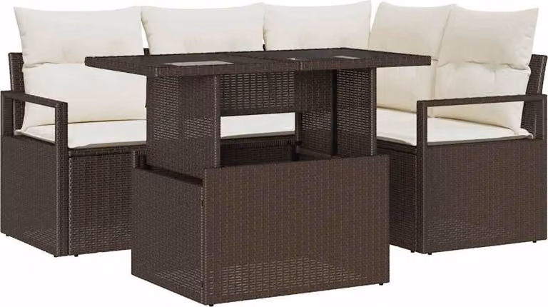 Set Divano da Giardino con cuscino 5 pcs Marrone Poly Rattan