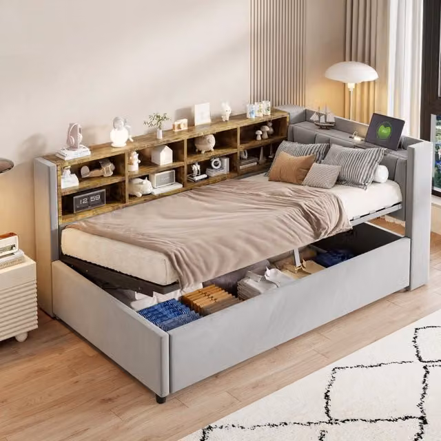 Letto matrimoniale con funzione divano letto imbottito in velluto grigio 90x200 cm