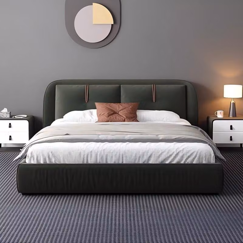 Designer Lederbett Dunkelgrün Modern Luxus Doppelbett Gepolstertes Bett