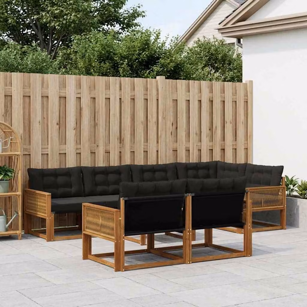 Set di divani da esterno vidaXL 7 pz in legno di acacia con cuscini in tessuto textilene, colore marrone e nero, forma a U per giardino e terrazza