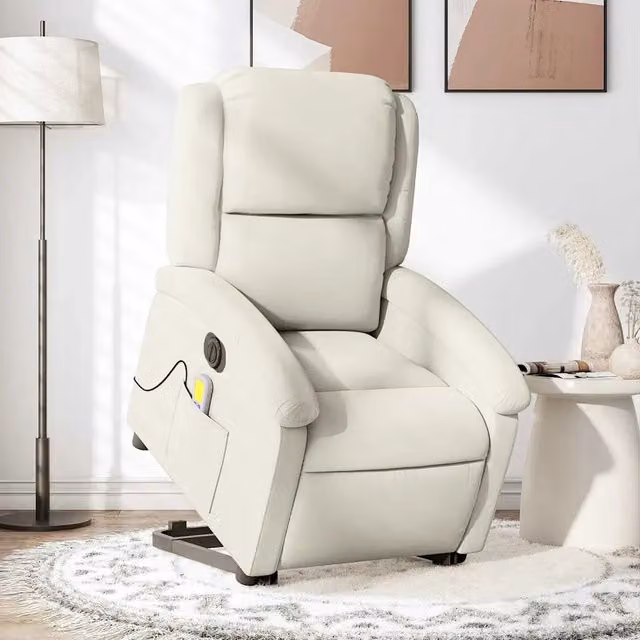Poltrona Alzapersona Elettrica con Massaggio vidaXL in Velluto Beige e Bianco