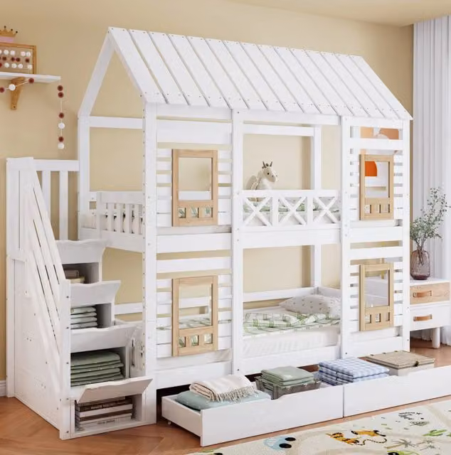 Letto a castello per bambini MODFU con struttura a casetta, scale contenitore e 2 cassetti, bianco, L/P/H: 200 x 90 cm