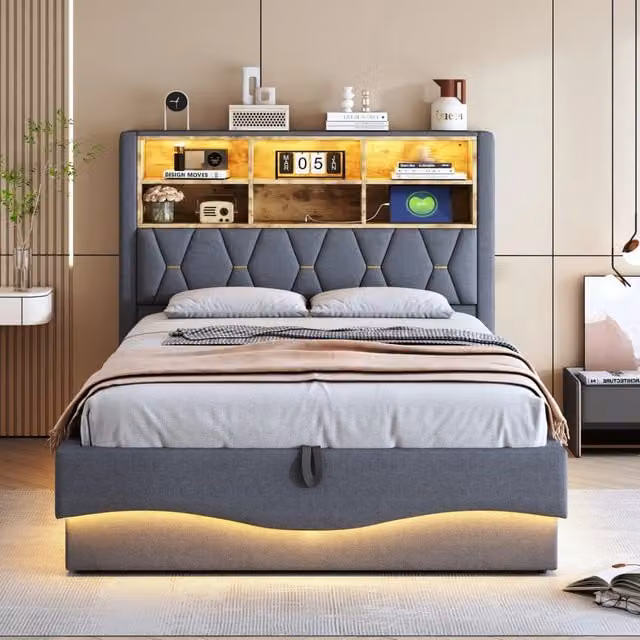 Letto contenitore 140 × 200 cm imbottito con LED via app; USB; rete a doghe in metallo e lino grigio