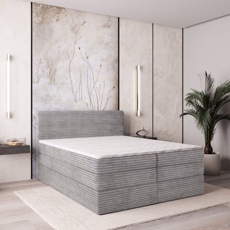 Letto a molle insacchettate Masseno LUNERA 140x200 cm completo di materasso e topper Bonell, letto imbottito con cassettiera - grigio chiaro, TILIA 86
