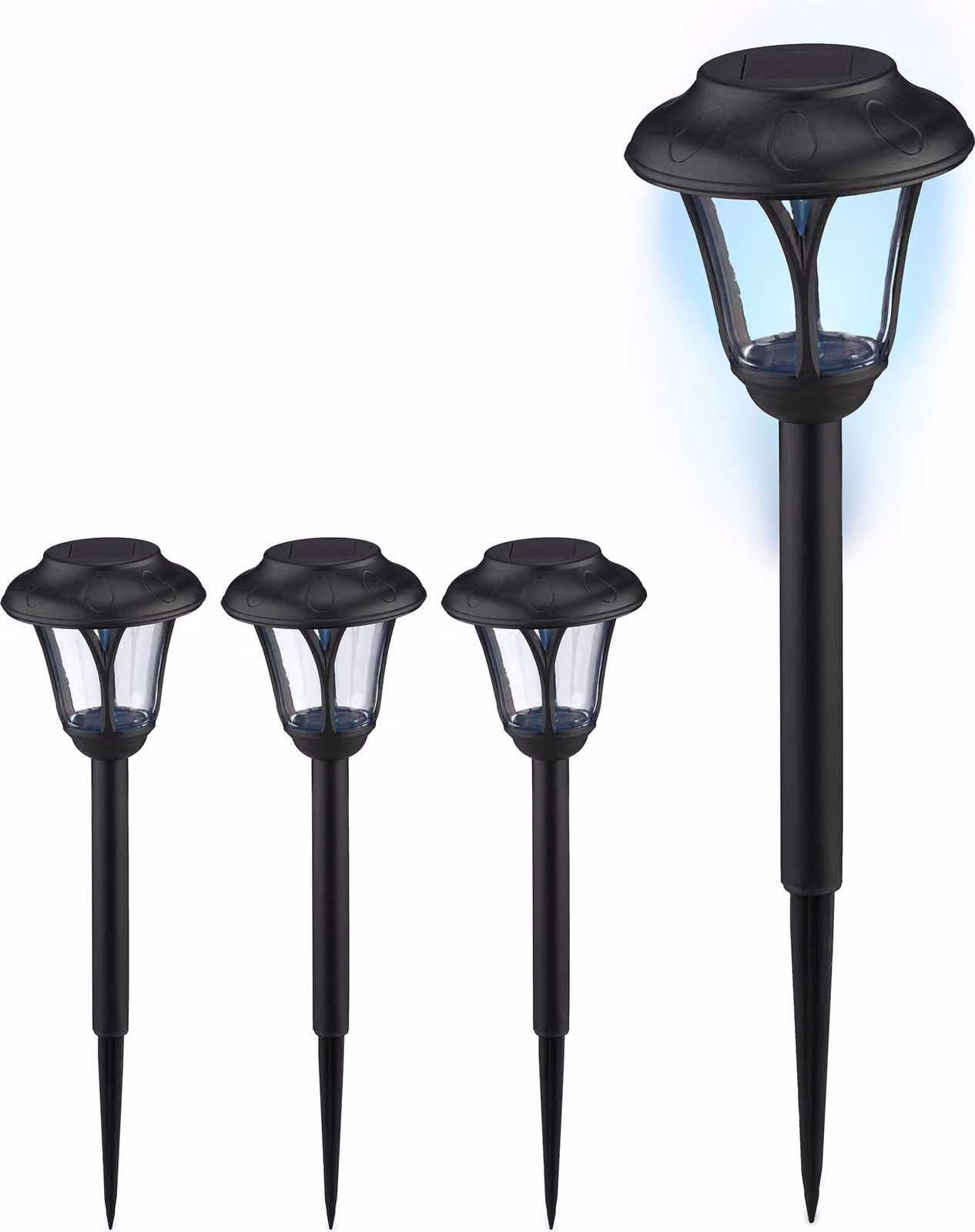 Set di 4 lampade solari Relaxdays, lampada solare a LED con picchetto, A x P: 39 x 11 cm, illuminazione da giardino moderna, per esterni, nero