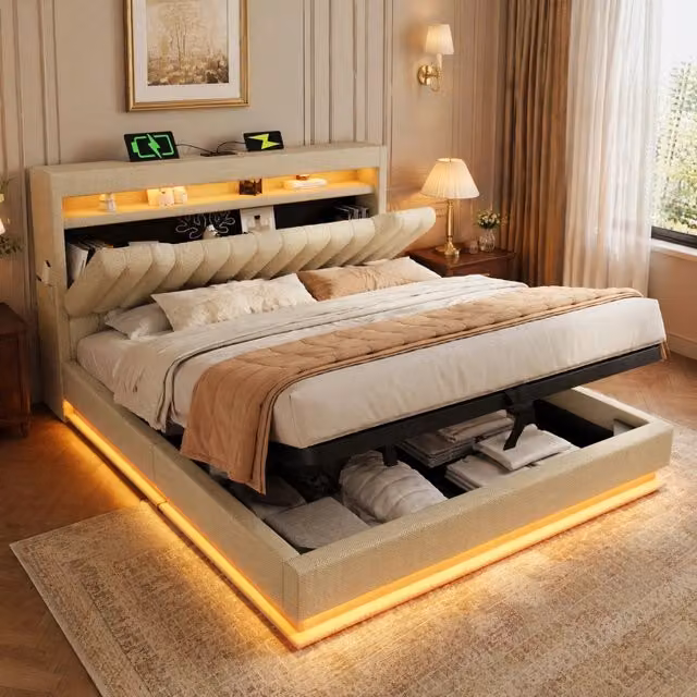 Letto Imbottito REDOM Beige con LED, Porte USB/Type-C e Contenitore Rialzabile L/P: 180 x 200 cm