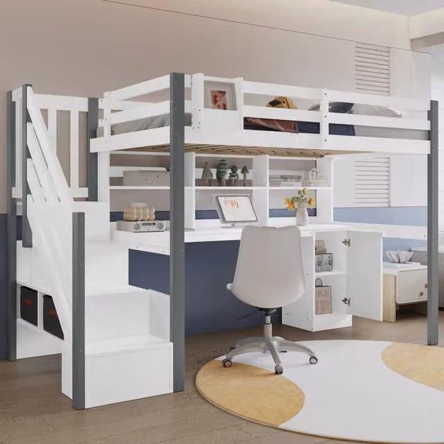 Letto a soppalco 90x200 con scrivania in pino e MDF; bianco e grigio; con scala contenitore per cameretta