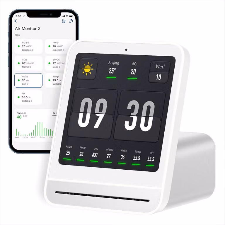 Misuratore della qualità dell'aria per interni: PM2.5, CO2, PM10, livello di rumore e controllo del clima, con display touchscreen
