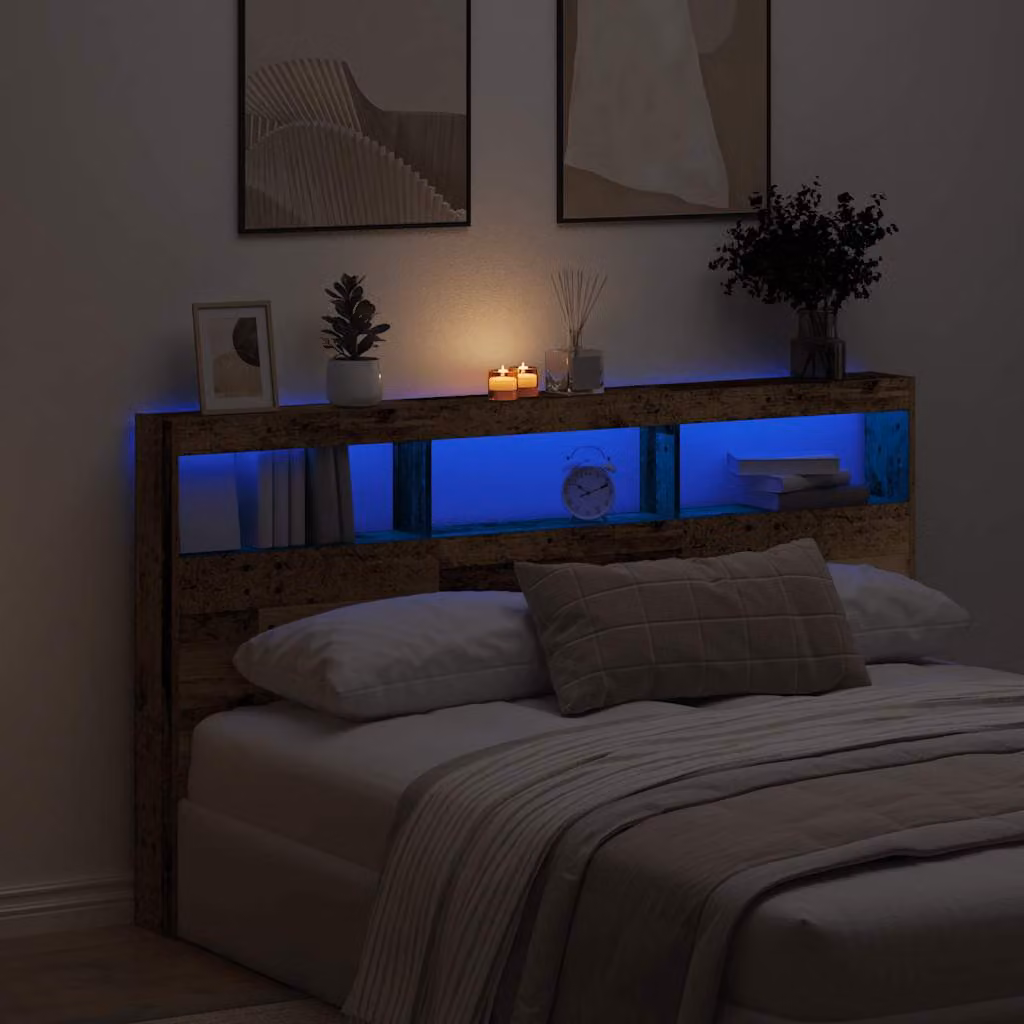 Testiera con Contenitore vidaXL in Legno Antico con Illuminazione LED e Porte USB, L/P/H: 180 x 17 x 102 cm