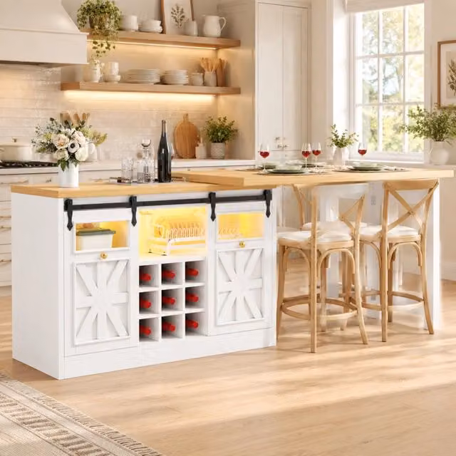Mobile cucina con tavolo estraibile e piani girevoli 360°; MDF e vetro; bianco