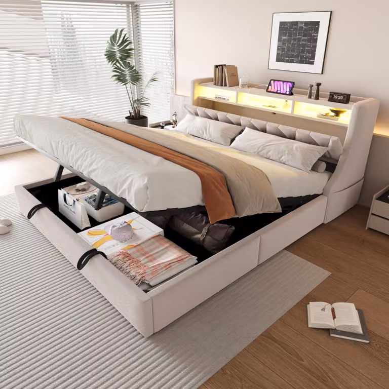 Letto imbottito Merax 180x200cm con LED, letto contenitore idraulico con testata ribaltabile, con presa di corrente e ripiano, letto matrimoniale in tessuto vellutato, beige