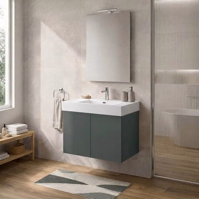 Mobile bagno sospeso Tierra INBAGNO verde con due ante e lavabo in resina L: 80 cm, P: 50 cm, H: 45 cm