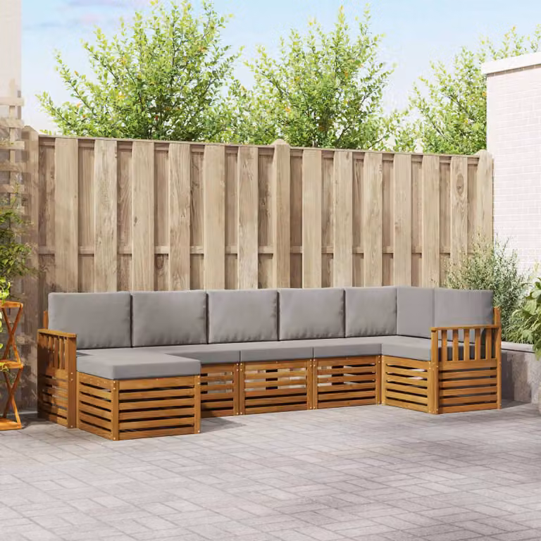 Set di divani da esterno vidaXL 7 pz a forma di L in legno di acacia con cuscini grigi