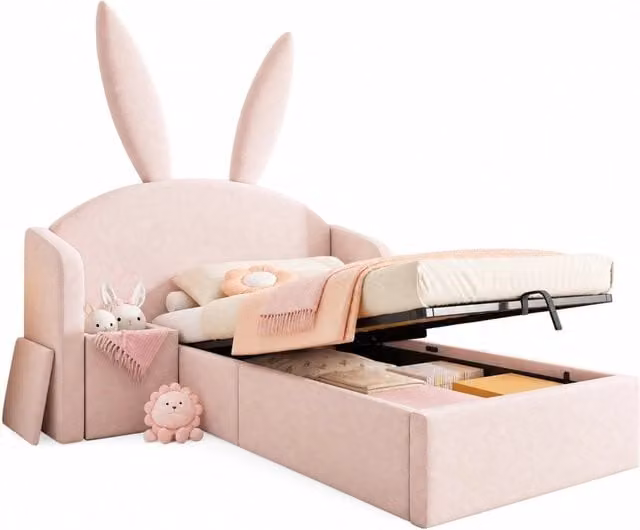Letto singolo per bambini 90x200 cm con contenitore idraulico e comodino in velluto rosa