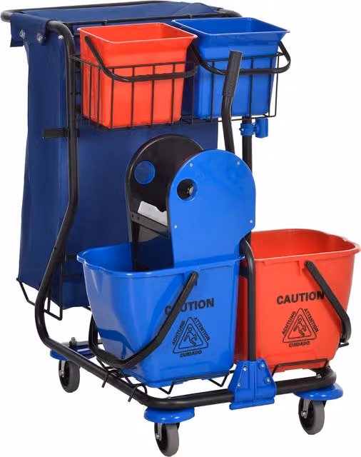 Carrello per pulizie HOMCOM con mocio, strizzatore e sacco per immondizia, Rosso, Blu e Nero, L: 80 cm, P: 80 cm, H: 97 cm