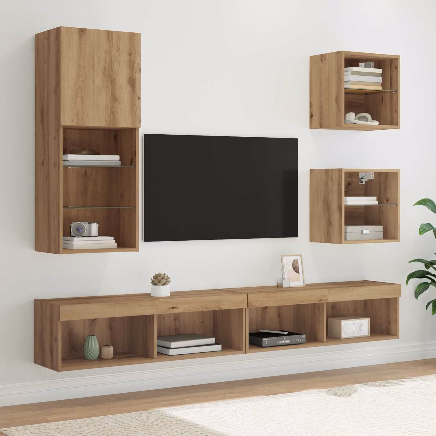 Unità a muro per TV vidaXL con illuminazione LED in rovere artigianale, set da 5 pezzi, marrone opaco – 1