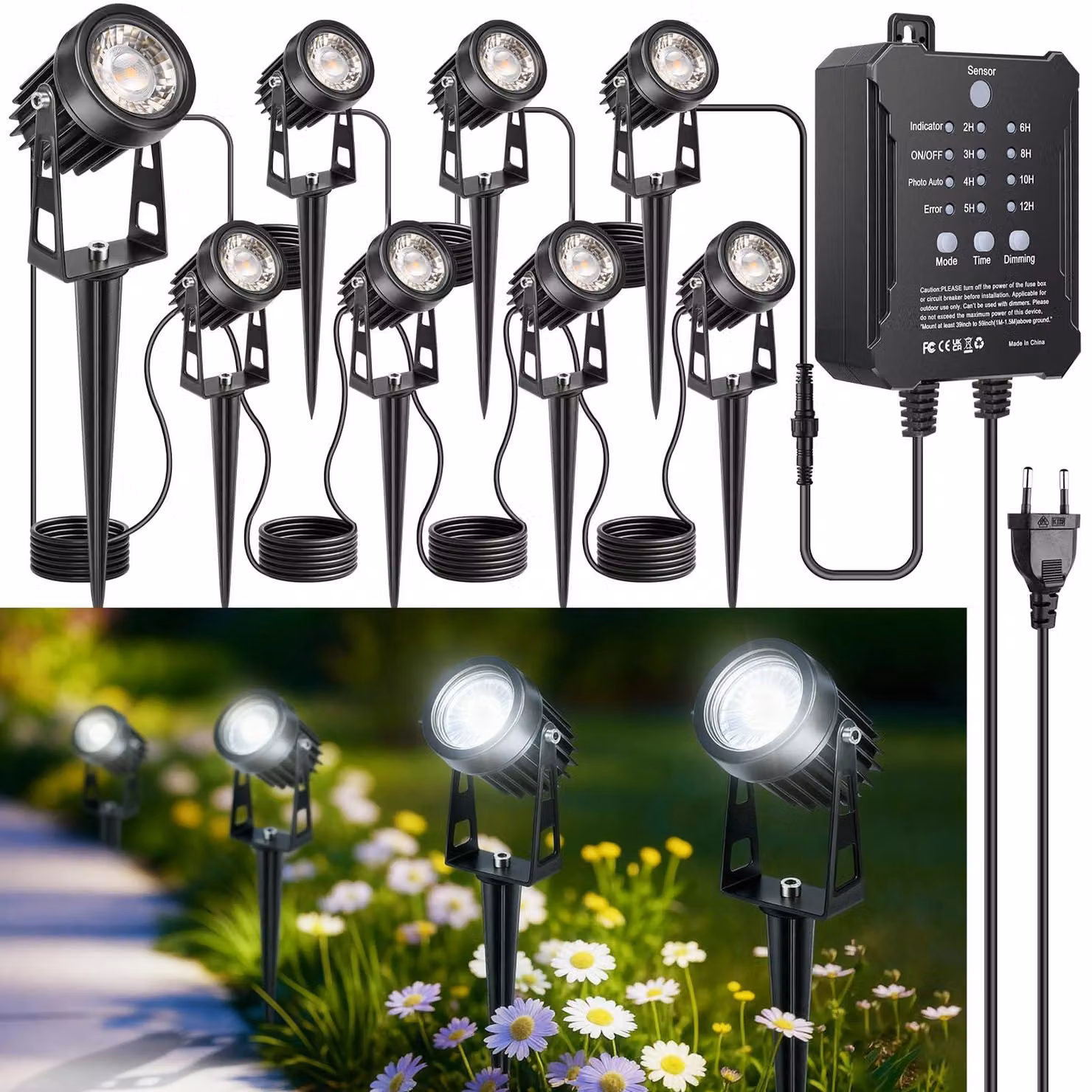 Set di 8 faretti da giardino a LED, 24 V, luce bianca fredda (5000-6000 K), grado di protezione IP65, con timer