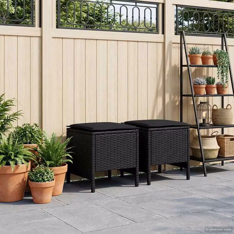 Set di 2 poggiapiedi da giardino vidaXL in rattan PE nero con cuscini rimovibili