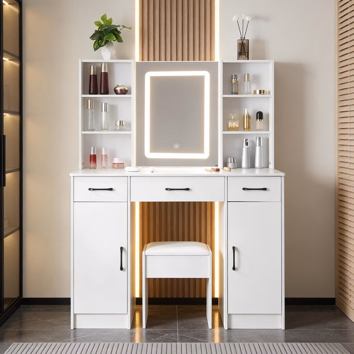 Comò con specchio a LED - Bianco - 3 cassetti - Legno