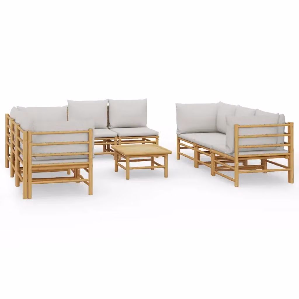 Set Salotto da Giardino Moderno vidaXL in Bambu con Cuscini Grigio con Tavolino da Caffè 9pz – 2
