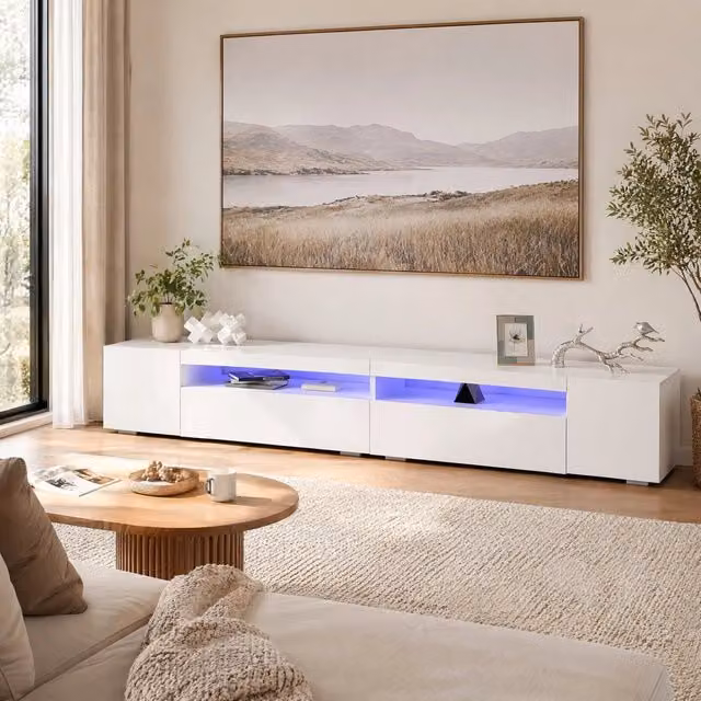 Mobile TV moderno bianco con pannello lucido e illuminazione LED variabile, 240 cm per soggiorno e sala da pranzo