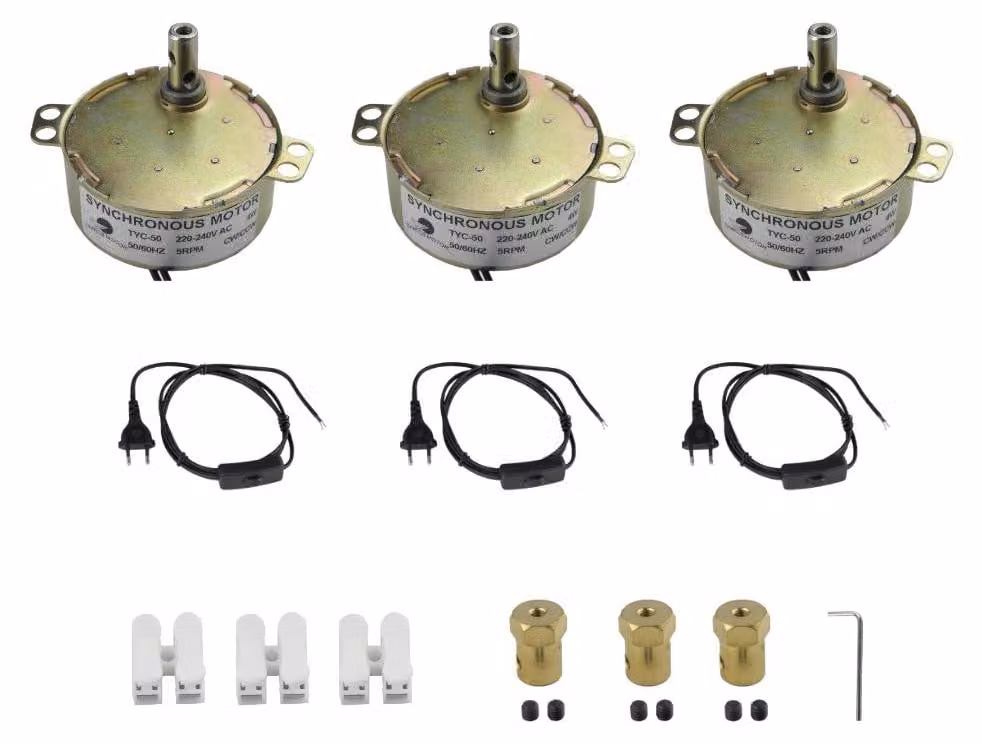 Motore sincrono, confezione da 3, velocità 5-6 giri al minuto, 220 V, 4 W, con giunto e cavo