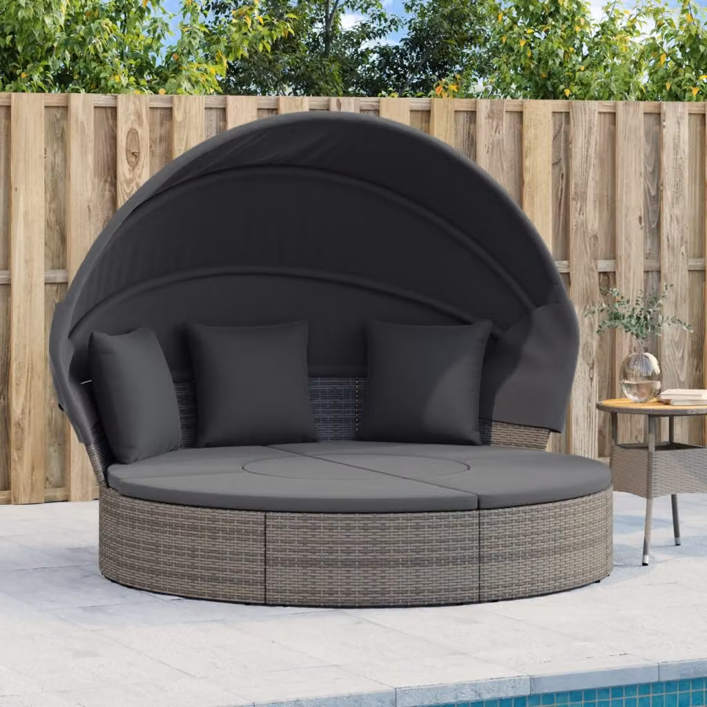 Lettino prendisole da esterno vidaXL in polyrattan grigio con tetto parasole e cuscini