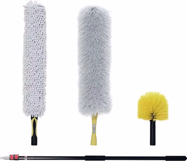 Kit di pulizia HOMCOM con asta telescopica, spolverino per ragnatele e ventilatore in microfibra, giallo e grigio