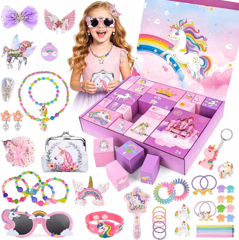 Calendario dell'Avvento per bambine - Calendario dell'Avvento a tema unicorno - Regalo di Natale con 24 sorprese - Include giocattoli - Accessori per capelli