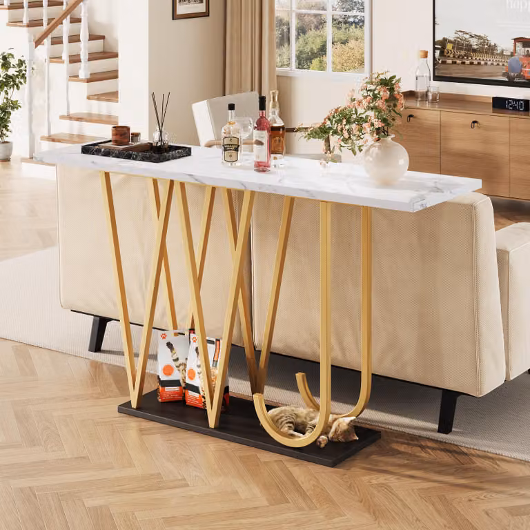 Tavolo da pranzo STILVORA, tavolo da cucina in legno, piano del tavolo con effetto marmo, tavolo per l'ingresso con gambe in metallo dorato, adatto per ingresso, cucina, soggiorno e balcone