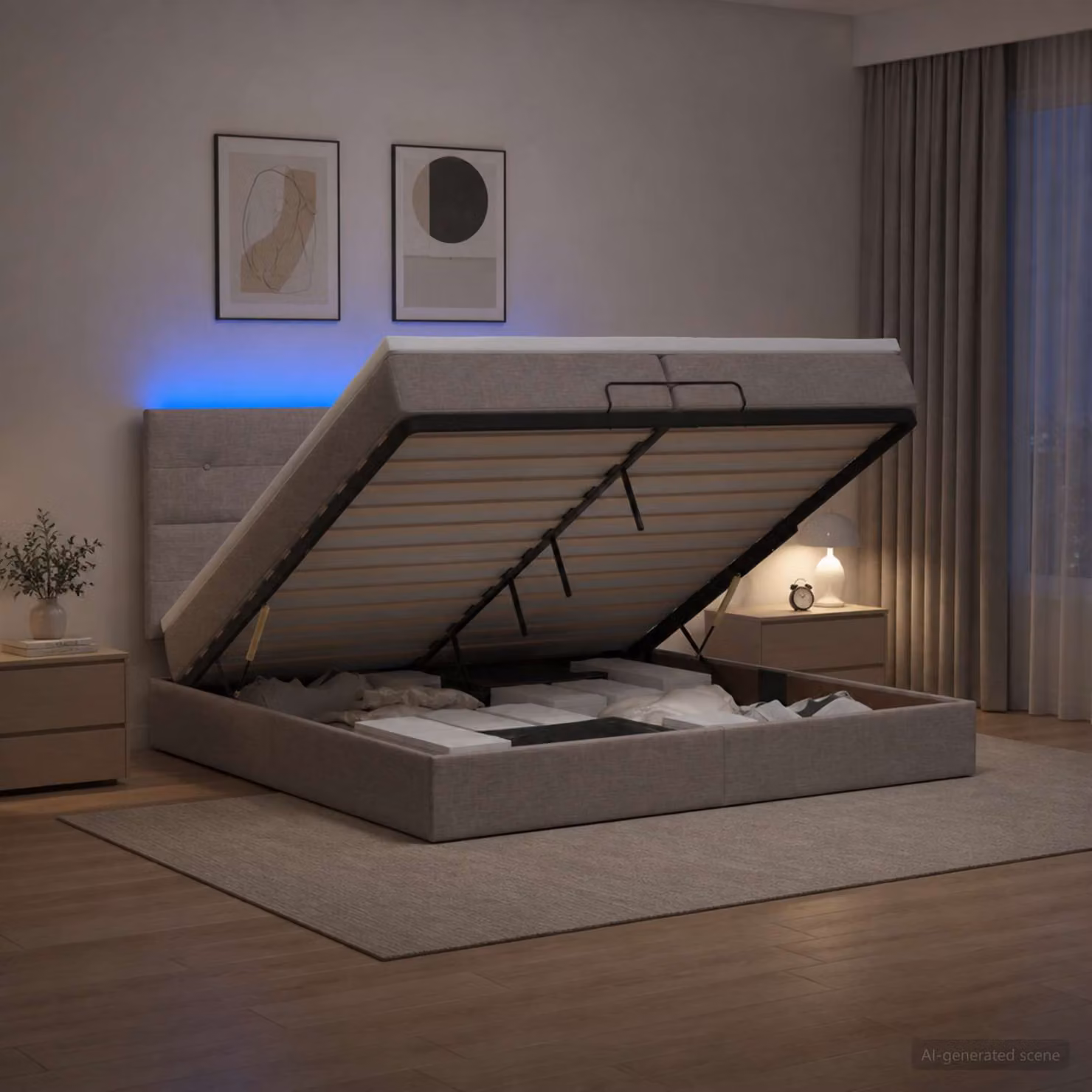 vidaXL Letto Ottomano Moderno con Materasso Ibrido e Illuminazione LED, Colore Beige/Grigio, L/P/H: 200 x 200 x 88 cm