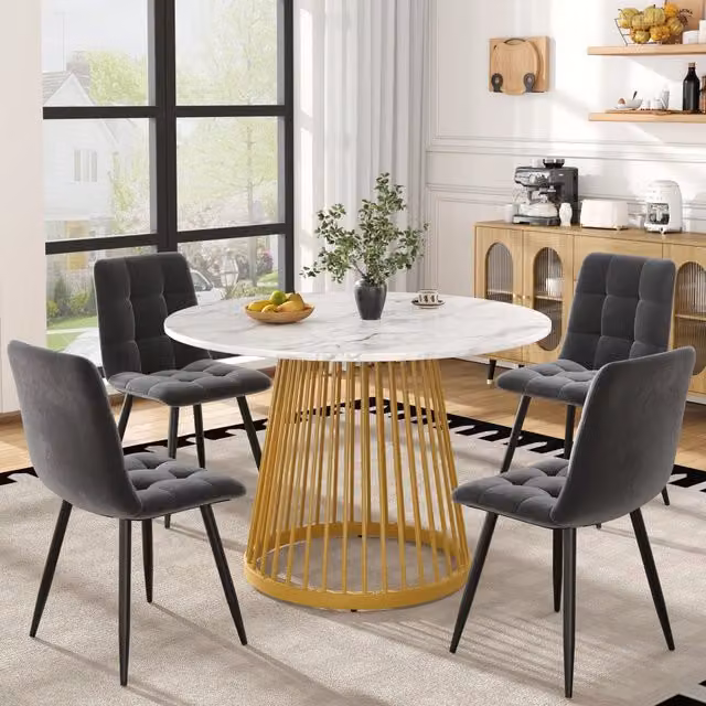 Set tavolo da pranzo e sedie con tavolo rotondo e 4 sedie, gambe regolabili, MDF metallo e velluto multicolore