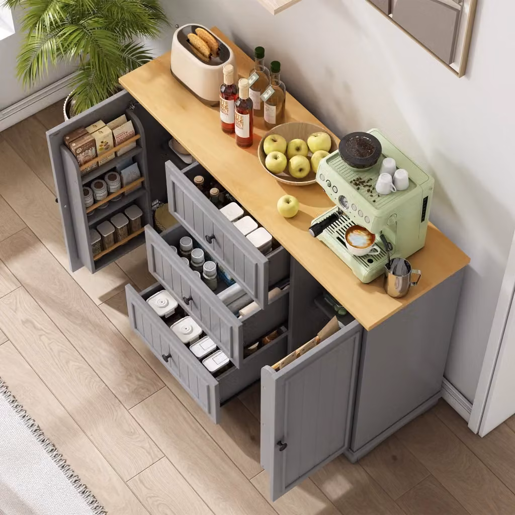 Credenza moderna in MDF grigio con 3 cassetti e ante per soggiorno e sala da pranzo L: 126 cm, P: 40 cm, H: 86 cm – 2