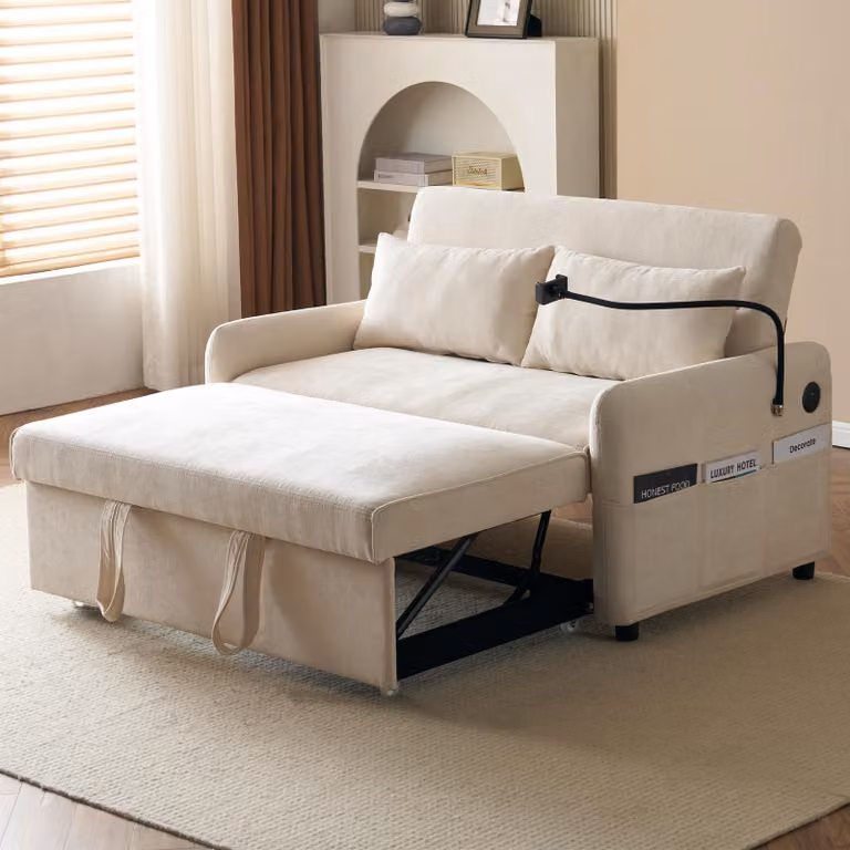 Divano letto Merax, divano letto pieghevole a 2 posti con funzione letto, schienale regolabile, porta di ricarica USB e porta cellulare, divano letto in ciniglia, divano, beige