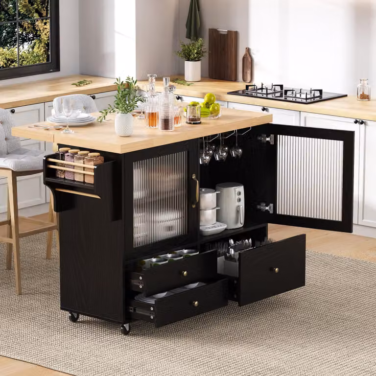 Isola da cucina STILVORA con ruote e tavolo da pranzo estensibile. Carrello da cucina. Carrello da cucina con portabicchieri e spazio di stoccaggio. Mobile da cucina ideale per cucina e sala da pranzo (nero), dimensioni 100×70×91,5 cm
