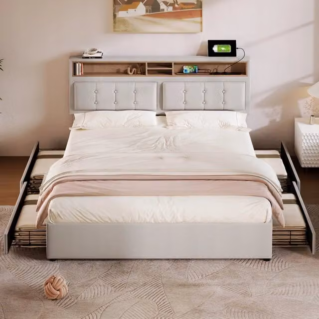 Letto imbottito 140x200 grigio, 4 cassetti, USB - Xylo