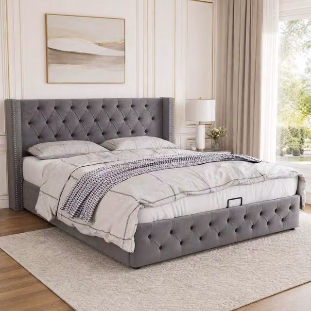 Letto matrimoniale contenitore ULEVR 180x200 cm con sollevamento idraulico, rivestimento in velluto grigio