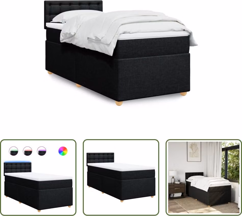 The Living Store Letto a molle con materasso nero 90x190 cm in tessuto