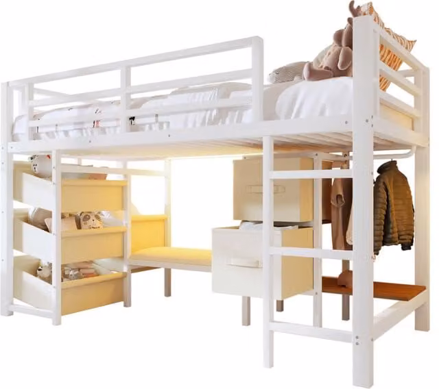 Letto semialto REDOM in metallo bianco con contenitori in tessuto e cuscino L/P/H: 204 x 90 x 95 cm