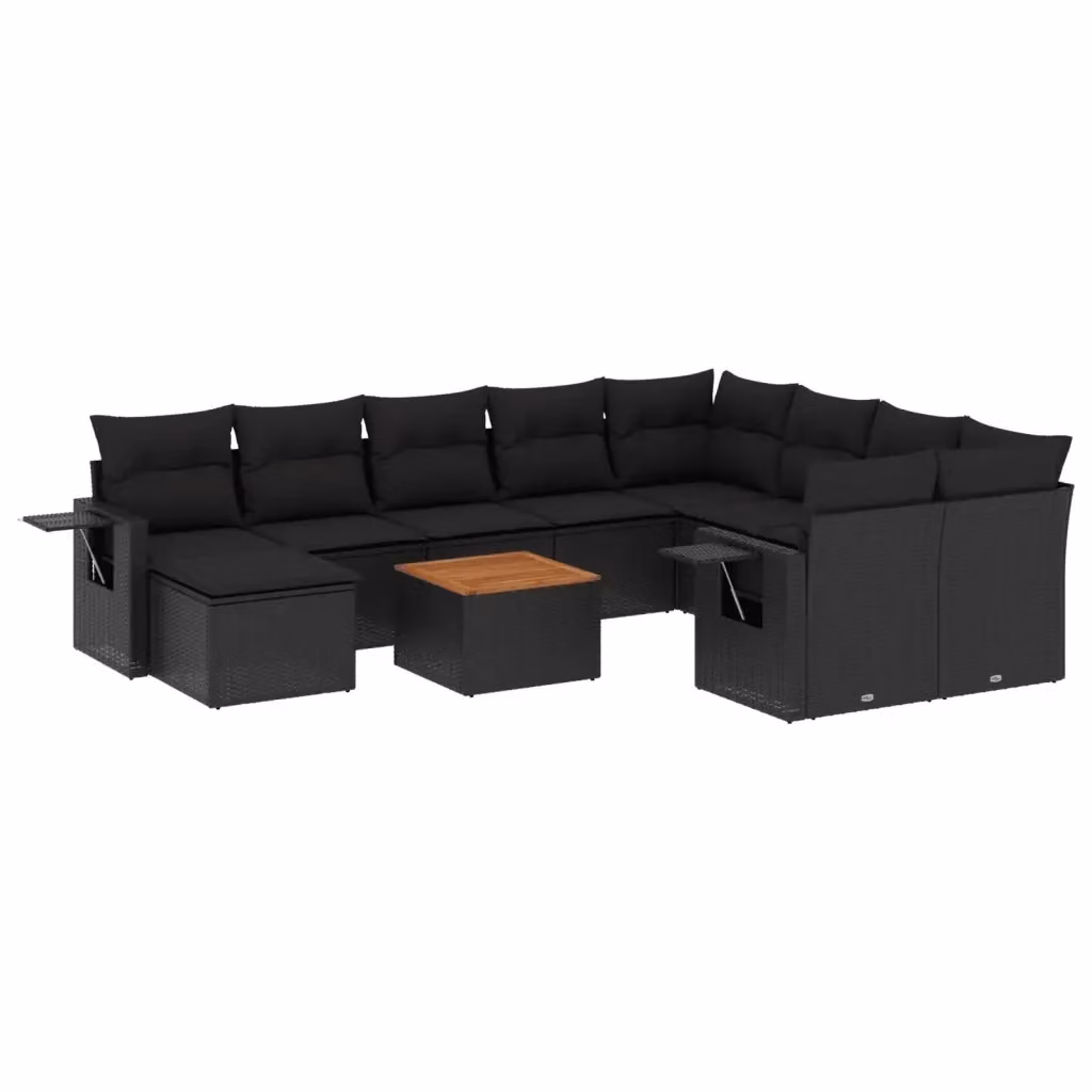 vidaXL Set Divani da Giardino 11 pz a Forma a U in Polyrattan Nero con Cuscini e Tavolino da Esterno – 2