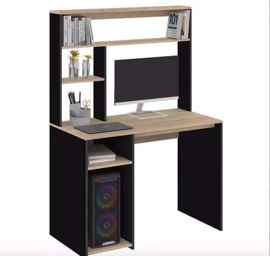 Scrivania con ripiano inferiore in legno, disponibile in nero e effetto rovere - Design moderno - Effetto legno - Mobili da soggiorno - Struttura sostenibile - Finiture - Interni senza tempo - Adatta all'uso quotidiano