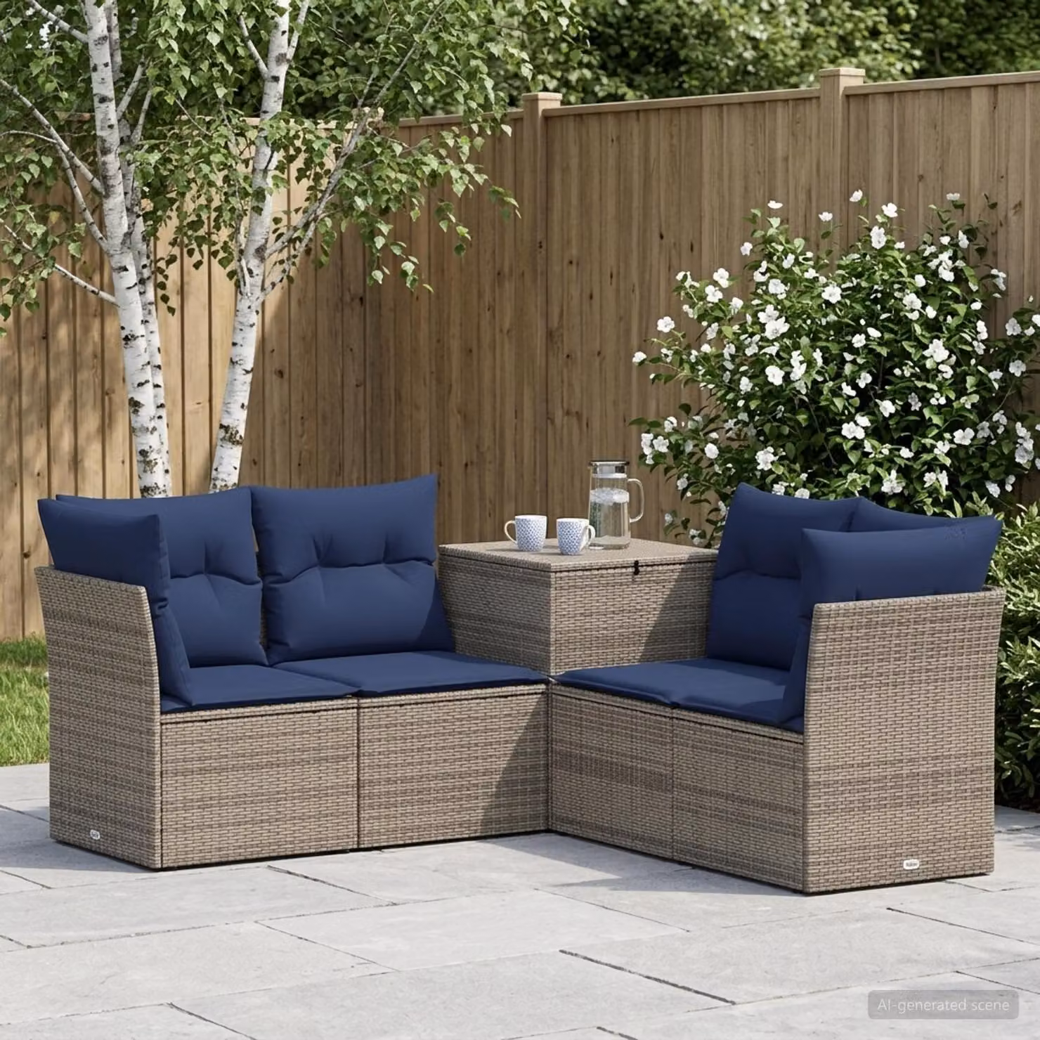 Set di divani da giardino vidaXL a forma di L con 5 pezzi in polyrattan e acciaio, colori Grigio e Blu Navy con cuscini inclusi