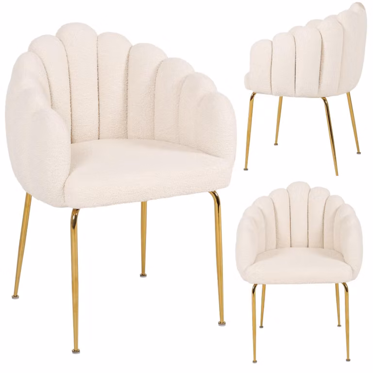 JUMI, poltrona imbottita FOGIA, elegante, stile glamour, rivestita in bouclé di lana effetto teddy